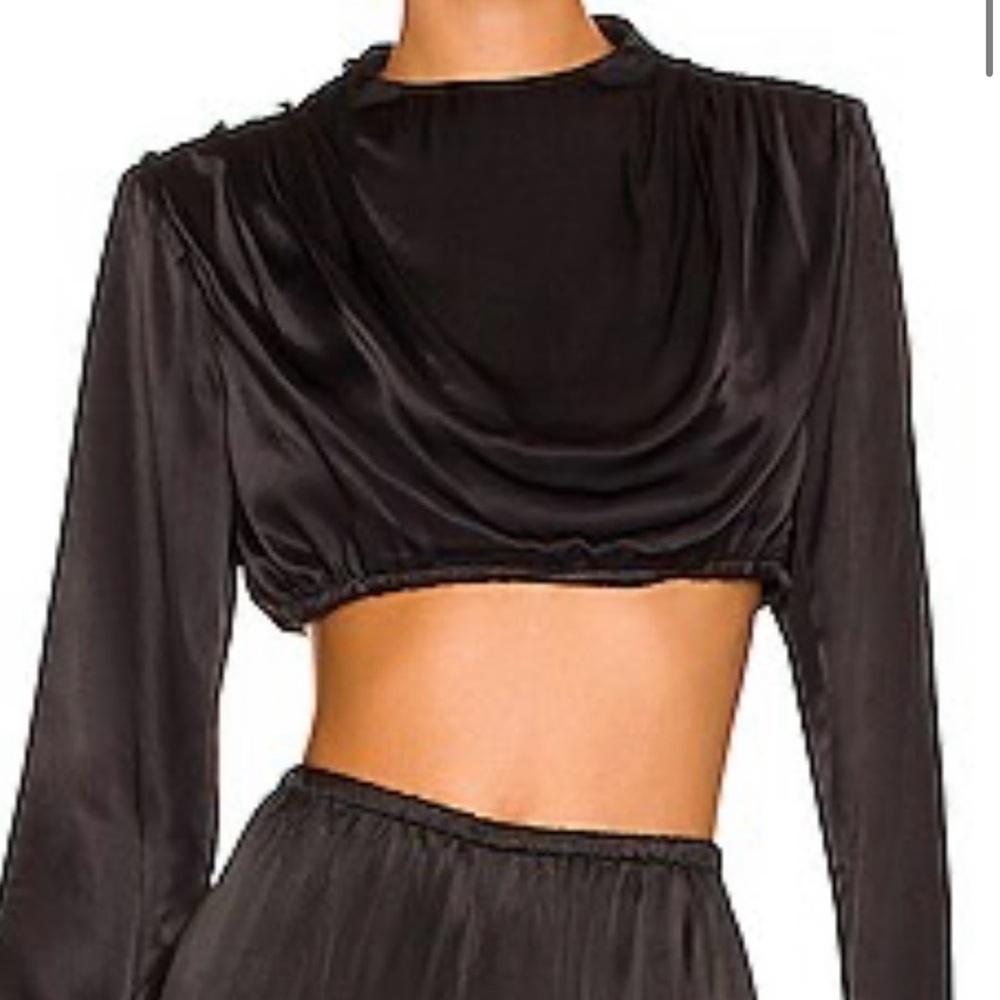 Camila Coelho Black Satin Long Sleeve Crop Top